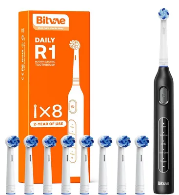 Image de Bitvae – Brosse à dents électrique BVR1 avec 8 têtes de brosse, minuterie intelligente et les modes Nettoyage, Sensible, Blanchiment, Soin des gencives et Nettoyage de la langue – noire