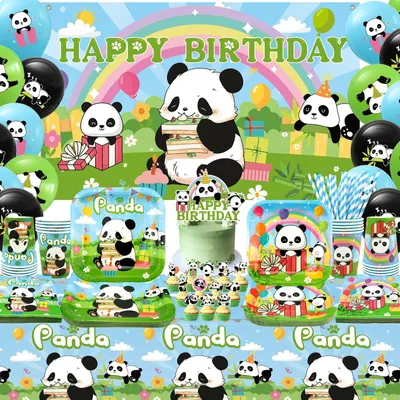 Image de Solidchoice - Décorations de fête sur le thème du panda, comprenant des pancartes, des décorations pour gâteau et plus, pour 20 personnes