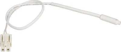A white wire with a white connector attached to one end and a white cylindrical sensor at the other end, isolated on a white background.