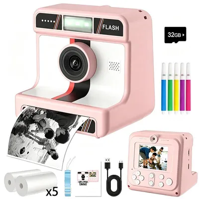 Produktbild von ZELURXX Kinder-Sofortbildkamera 1080P mit Thermodruck, 2,4" IPS-Display, Selfie, Serienaufnahme, 32GB, MP3 und Spiele, Rosa
