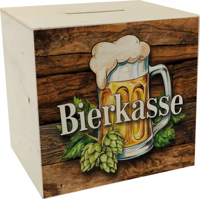 Produktbild von Bierkasse mit Hopfen und Bierkrug Spardose aus Holz