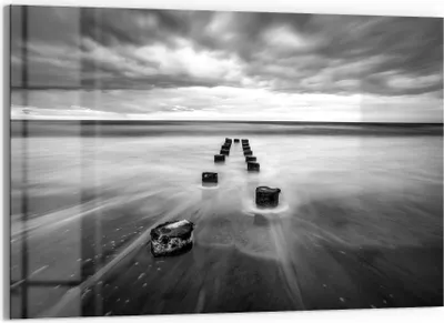 Produktbild von DEQORI Glasbild Echtglas 90x60 cm 'Wellenbrecher im Meer' Wandbild Bild modern Deko