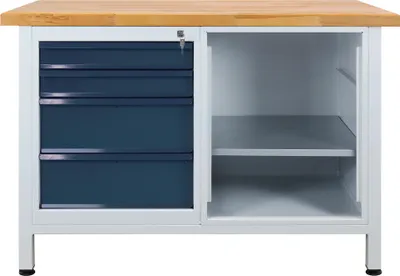 Produktbild von Werkbank Rhino mit 4 Schubladen + Regalteil | HxBxT 84x120x60cm | Traglast 300kg | Lichtgrau/Anthrazitgrau