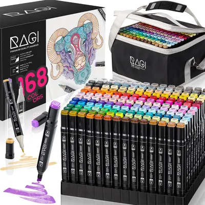 A collage of marker pens, their packaging, and a carrying bag.