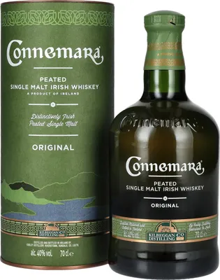A bottle of Connemara Peated Single Malt Irish Whiskey and its cylindrical gift packaging are shown against a white background.