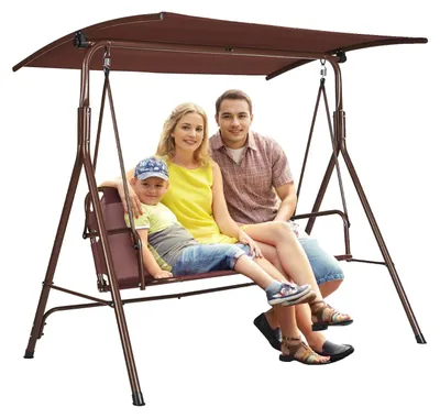 Image de Balançoire de terrasse VEVOR 3 personnes Balançoire hollywoodienne pour l'extérieur avec baldaquin réglable Accoudoirs en tissu Teslin et cadre en acier allié pour balcon Arrière-cour Jardin Bord de piscine Marron