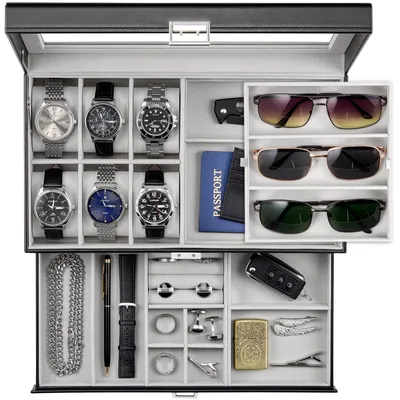 Produktbild von Herren Schmuckbox mit 6 Uhrenfächern und 3 Sonnenbrillenfächern