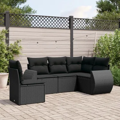 Produktbild von Design 5-tlg. Garten-Sofagarnitur mit Kissen Schwarz Poly Rattan, Gartenmöbel-Sets 2024 Neu