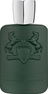 A product shot of a green perfume bottle with a silver cap.