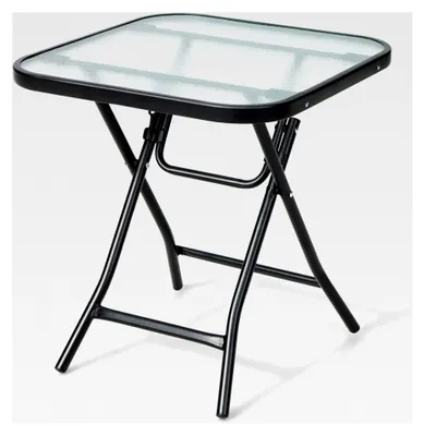 Produktbild von Klapptisch quadratisch, wetterfester Beistelltisch, Gartentisch mit Tischplatte aus gehärtetem Glas, für Balkon, Garten, Terrasse, 46,5 x 46,5 x 42 cm