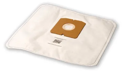 A white fabric vacuum cleaner bag with a brown cardboard connector.