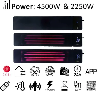 Productafbeelding van Infrarood terrasverwarmer ElectricSun 4500-2250 W zwart, elektrische verwarming met 3 warmtestanden, voor binnen en buiten, wand- of plafondbevestiging, met wifi-app, 100x18cm