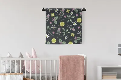 Produktbild von MuchoWow® Wandteppich Wandbehang Sommer - Blumen - Zitrusfrüchte - Schwarz 60x60 cm Tapisserie Dekoration Wandtuch - Dekorationen - Wand Decke