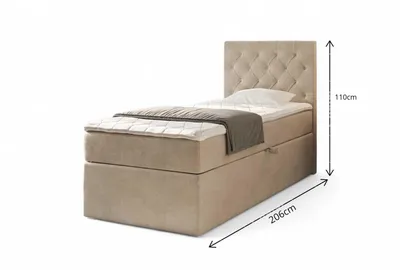 A single bed with a headboard, mattress, and bedding, shown against a white background. Dimensions are indicated.