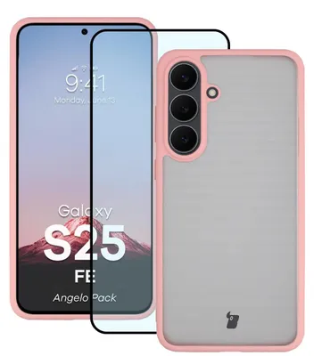 Produktbild von Schutzhülle + gehärtetem Glas für Galaxy S25 FE, Bizon Angelo Pack, Semitransparent mit hellrosem Rahmen