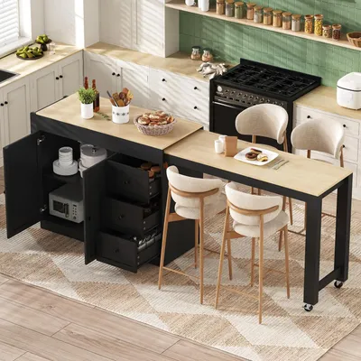 Immagine prodotto di Carrello da cucina con piano di lavoro estensibile, 3 cassetti, ruote, colore nero