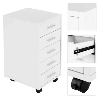 Produktbild von Rollcontainer mit 5 Schubladen, 33x38x63,5 cm, Weiß, aus Holz, Aluminium-Griffe, Mobiler Aktenschrank, Büroschrank mit Rädern