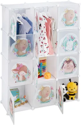 Image de Étagère à emboîter Relaxdays pour enfants, 2 tringles à vêtements, portes ornées d'animaux, dimensions : 145 x 110 x 37 cm, armoire pour enfants à monter soi-même, blanche