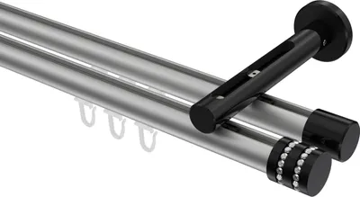 Produktbild von Interdeco Innenlaufstange / Gardinenstange mit Innenlauf Silbergrau / Schwarz, Typ Siteno Estana (Glitzerkappe), 20 mm Ø 2-läufig, 480 cm
