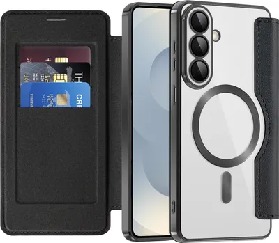 Produktbild von Klapphülle für Samsung Galaxy S26+ Kompatibel mit Magsafe, Klar Überzug Kartenhalter Ledertasche mit Kameraschutz Schwarz