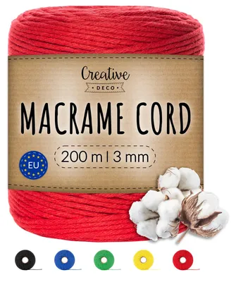 Obrázok produktu pre Creative Deco Červená bavlnená šnúra na makramé, prírodná, 2–3 mm | 200 m | Silná šnúra spletená z 15 nití | Cievka | na dekorácie, umelecké práce, ručné práce, balenie darčekov