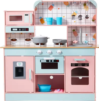 Immagine prodotto di SucceBuy cucina giocattolo per bambini, set di cucina giocattolo in legno con luci e suoni. Cucina per bambini con gelatiera, forno, lavello, microonde, frigorifero, posate e accessori per la frutta per bambini dai 3 agli 8 anni.