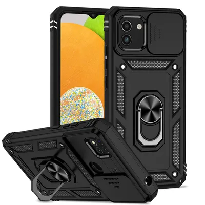 Obrázek produktu pro Pouzdro pro Samsung Galaxy A03 dvouvrstvé pouzdro s posuvným krytem kamery a prstencovým stojánkem černé