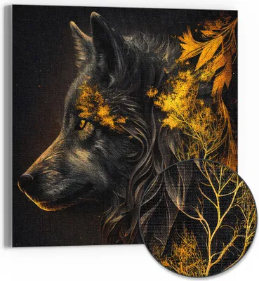 Produktbild von DEQOART Hybrid Leinwand Bild 50x50 cm 'Goldener Wolfsblick' Wandbild Glas flach modern