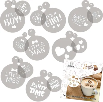 Produktbild von Kaffee Schablonen und Kekse Dekoration 14 Stück 7x7 cm und 11x11 cm, Wiederverwendbare Plastik Backen Vorlage, Babyschauer, DIY