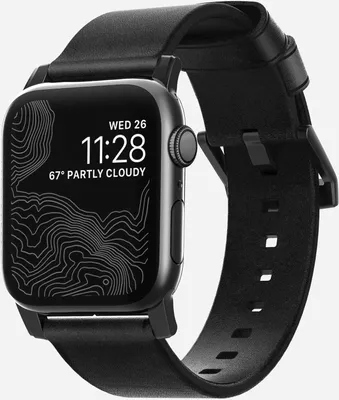 A close-up shot of a black smartwatch with a black leather band.