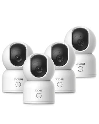 A group of four white ZOSI indoor security cameras are arranged in a staggered formation against a white background.