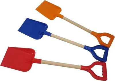 Three shovels of different colors arranged diagonally on a white background.