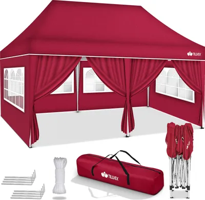 Produktbild von tillvex Pavillon 3x6m - mit 6 Seitenwänden Rot wasserdicht | Pop-Up Faltpavillon höhenverstellbar | Gartenzelt UV Schutz 50+ | Partyzelt mit Tasche für Garten