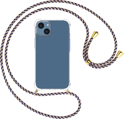 Produktbild von Handykette Backcover-Schutzhülle mit Band (Metall goldfarben) für Apple iPhone 15 - blau+beige
