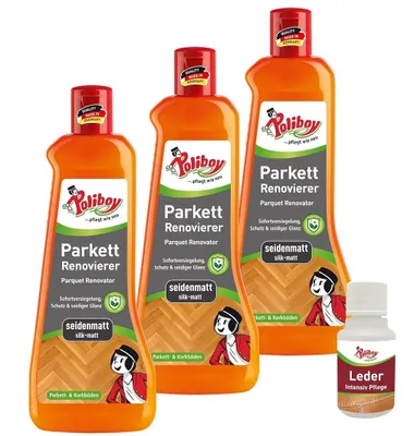 Produktbild von Poliboy 3er Parkett Renovierer Seidenmatt - inkl. Leder Probe - Inhalt 1,5 Liter - für strapazierte Holz- und Korkböden - 5950001