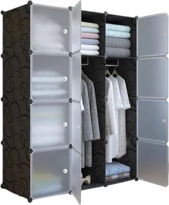 Produktbild von Modularer Kleiderschrank - 12-Würfel-Schrankregal - Mit Türen - Kunststoff - Zum Selbstaufbau - 111 x 47 x 147 cm - Weiß