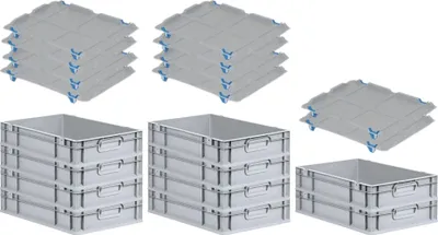 Produktbild von SparSet 10x Eurobox NextGen Grip mit Auflagedeckel inkl. 4 blauen Schiebeschnappverschlüssen | HxBxT 12x40x60cm | 23 Liter | Grau | Griffe geschlossen | Glatter Boden | Eurobehälter, Transportbox, Transportbehälter, Stapelbehälter