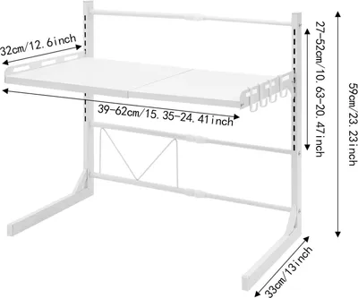Immagine prodotto di Ripiano per microonde - Scaffale da cucina estraibile a 2 livelli - Lunghezza regolabile da 39 a 62 cm - Altezza regolabile da 27 a 52 cm - 4 ganci, autoportante per piano di lavoro - Bianco