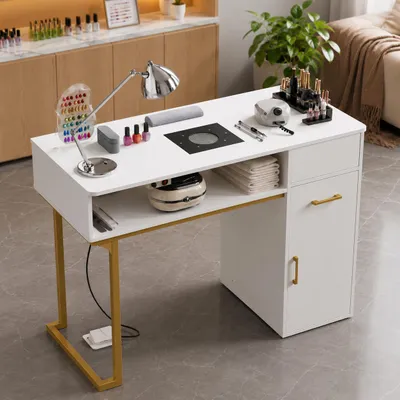 Obrázek produktu pro Stůl s odsáváním, zásuvkou, zásuvkou a skříňkou, vyrobený ze dřeva. Vhodný pro modelování nehtů. Ideální do nehtového salonu nebo kosmetického salonu. Barva: bílá. Rozměry: 110 × 50 × 81 cm