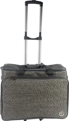 A gray sewing machine trolley with a quilted front and a retractable handle.