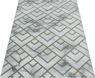 Produktbild von Kurzflor Teppich Wohnzimmer Gold 140x200 Rechteck Marmor Design aus Polypropylen