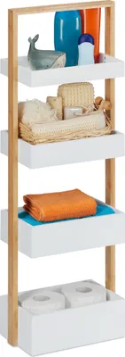 Produktbild von Relaxdays Badregal, 4 Ablagen, Bambus & MDF, Badezimmer Aufbewahrung, schmales Ablageregal HBT 88x30x18 cm, weiß/natur