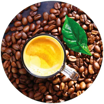 Produktbild von Wallario Premium Glasbild, freischwebende Optik, kräftige Farben, rund 50cm Durchmesser, Motiv Kaffee und Bohnen