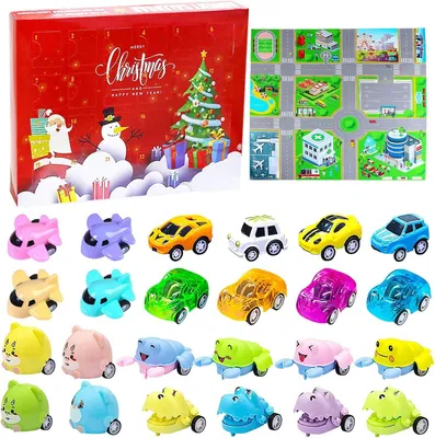 Productafbeelding van Kerstadventskalender speelgoed auto dieren - Set van 24 - Kerstadvents aftelkalender speelgoed met 1