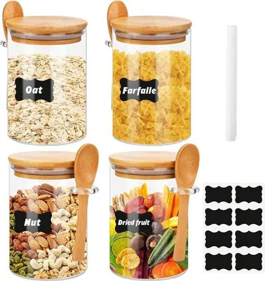 Produktbild von Gläserne Küchenbehälter mit Deckel und Löffel, 4er Set, 650ml, Glasbehälter für Muesli, Bohnen, Kaffeebohnen