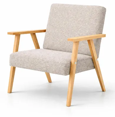 Zdjęcie produktu dla Fotel PRL wypoczynkowy salon balkon baranek materiał biały drewno naturalne