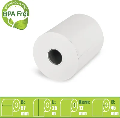 Produktbild von 10 x Thermorollen 57mm x 25m x 12mm EC-Cash Bonrollen BPA frei Ø45mm
