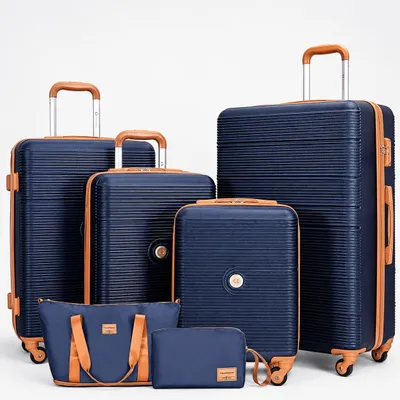 Immagine prodotto di Set di valigie Travelhouse Bari, 6 pezzi, 4 valigie con ruote, borsa da viaggio e kit da toilette, guscio rigido - blu navy
