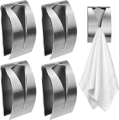 Zdjęcie produktu dla Wieszaki na ręczniki - 4 sztuki - samoprzylepne - do łazienki/kuchni - 7,5 x 5 x 2,3 cm - nadają się do kuchni, łazienki, biura - kolor srebrny