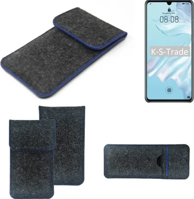Produktbild von K-S-Trade Handy-Hülle Schutz-Hülle kompatibel mit Huawei P30 Lite Filztasche Pouch Tasche Case Sleeve Filzhülle dunkelgrau, blauer Rand